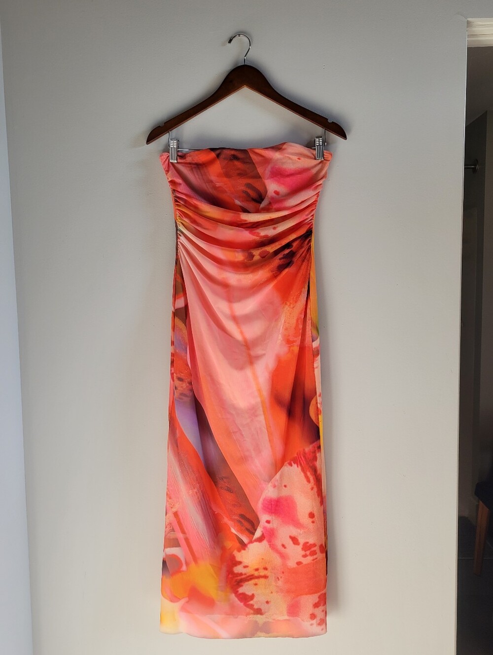 Zara Sunset Orchid Floral Strapless Ruched Midi/Max Dress Orange Pink Womens M/L